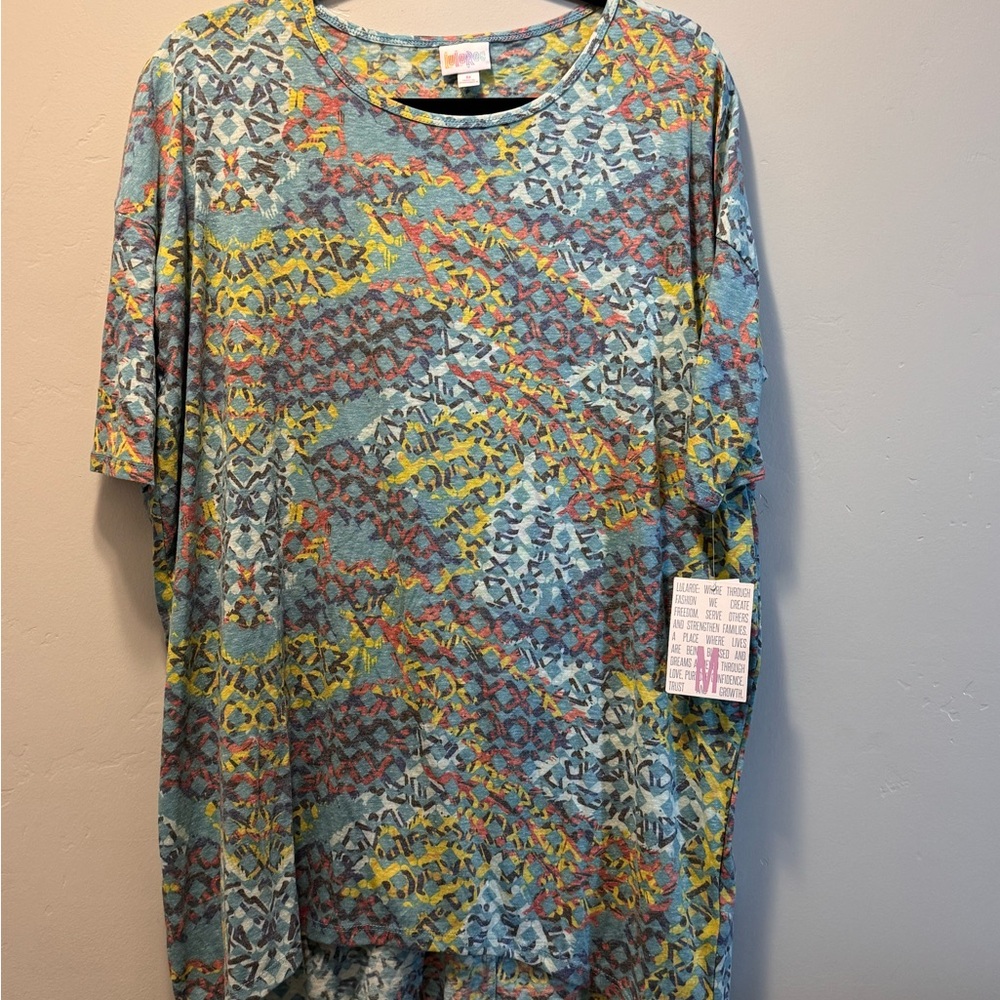 LuLaRoe Blue and Yellow Patterned Short Sleeve Top